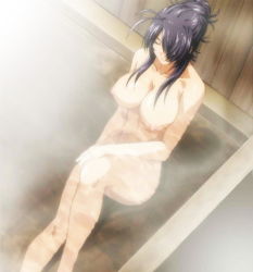 Rule 34 | 00s, 1girl, bath, black hair, breasts, cleavage, collarbone, closed eyes, from above, groin, hair over one eye, ikkitousen, ikkitousen dragon destiny, kan&#039;u unchou, large breasts, long hair, nipples, nude, onsen, partially submerged, screencap, sitting, solo