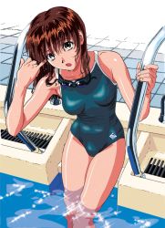 Rule 34 | 1girl, :o, asuka (viper), blue one-piece swimsuit, brown eyes, brown hair, competition school swimsuit, goggles, goggles around neck, long hair, official art, one-piece swimsuit, pool, pool ladder, school swimsuit, solo, swimsuit, viper, wading, wet