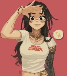 Rule 34 | 1girl, black eyes, black hair, blouse, breasts, commentary, cyberpunk, cyberpunk (series), cyberpunk 2077, cyborg, edpan, english commentary, highres, jewelry, long hair, looking at viewer, mechanical arms, medium breasts, navel, necklace, print shirt, prosthesis, prosthetic arm, salute, shirt, single mechanical arm, smile, solo, sparkle, speech bubble, spoken sparkle, t-shirt, tattoo, white shirt