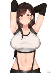 Rule 34 | 1girl, armpits, arms behind head, arms up, bare shoulders, belt, black hair, black skirt, blush, breasts, brown eyes, collarbone, covered erect nipples, earrings, final fantasy, final fantasy vii, final fantasy vii remake, gloves, highres, jewelry, large breasts, light smile, long hair, looking at viewer, midriff, navel, oz ma33, shirt, simple background, skirt, solo, steam, stretching, suspender skirt, suspenders, sweat, swept bangs, tank top, taut clothes, taut shirt, tifa lockhart, white tank top