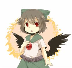 Rule 34 | 1girl, bad id, bad pixiv id, bow, brown hair, child, eiri (eirri), fang, female focus, hair bow, looking at viewer, lowres, open mouth, red eyes, reiuji utsuho, short hair, short sleeves, skirt, solo, touhou, wings, aged down