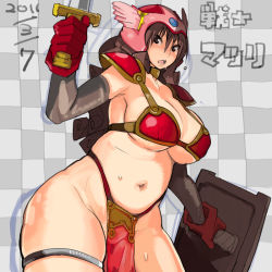 Rule 34 | 1girl, armor, breasts, brown eyes, chunsoft, cosplay, dragon quest, dragon quest iii, enix, hip focus, huge breasts, matsuri (takayama toshinori), open mouth, original, plump, red armor, red hair, shield, soldier (dq3), soldier (dq3) (cosplay), solo, sword, takayama toshinori, weapon, wide hips