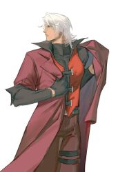 Rule 34 | 1boy, bishounen, black gloves, blue eyes, closed mouth, coat, dante (devil may cry), dark-skinned male, dark skin, devil may cry (series), devil may cry 1, gloves, highres, jacket, jing84672940, long hair, male focus, red coat, simple background, solo, tan, weapon, white hair