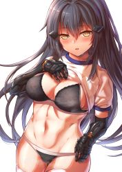 Rule 34 | 1girl, absurdres, black bra, black hair, black panties, blouse, bra, breasts, clothes lift, dandelion (girls&#039; frontline), girls&#039; frontline, gym shirt, highres, large breasts, lifted by self, long hair, mechanical arms, navel, panties, shirt, shirt lift, short sleeves, solo, thighhighs, underwear, very long hair, white shirt, white thighhighs, xlscaler, yellow eyes