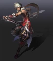 Rule 34 | 1boy, armor, bare shoulders, boots, dual wielding, full body, gauntlets, heroes lore v, holding, knife, male focus, red eyes, repi, scarf, solo, white hair