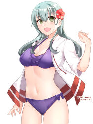 1girl aqua_eyes aqua_hair bikini blush breasts cowboy_shot dated gluteal_fold hair_between_eyes hair_ornament hairclip jacket kantai_collection long_hair looking_at_viewer medium_breasts official_alternate_costume open_mouth purple_bikini short_sleeves smile solo suzuya_(kancolle) swimsuit teramoto_kaoru twitter_username white_background white_jacket