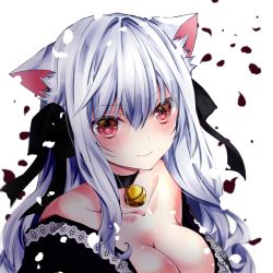 Rule 34 | 1girl, animal ear fluff, animal ears, bad id, bad pixiv id, bare shoulders, bell, black bow, black collar, blush, bow, breasts, cat ears, cleavage, closed mouth, collar, collarbone, commentary request, hair between eyes, hair bow, jingle bell, long hair, looking at viewer, medium breasts, nanase kureha, nanase nao, neck bell, off shoulder, original, petals, red eyes, silver hair, simple background, smile, solo, upper body, white background