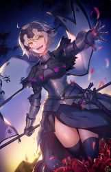 Rule 34 | 1girl, :d, armor, armored dress, black capelet, black dress, black thighhighs, blurry, blurry background, breasts, capelet, chain, cloud, commentary request, depth of field, dress, dutch angle, fate/apocrypha, fate/grand order, fate (series), flag, flower, gauntlets, hair between eyes, headpiece, holding, holding flag, jeanne d&#039;arc (fate), jeanne d&#039;arc alter (avenger) (fate), jeanne d&#039;arc alter (fate), looking at viewer, medium breasts, nagu, night, night sky, open mouth, outdoors, outstretched arm, petals, red flower, sheath, sheathed, signature, silver hair, sky, smile, solo, star (sky), starry sky, sword, teeth, thighhighs, upper teeth only, weapon, yellow eyes