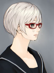 Rule 34 | 1girl, crying, crying with eyes open, glasses, grey background, grey eyes, grey hair, original, parted lips, profile, red-framed eyewear, shiohara shin&#039;ichi, short hair, simple background, solo, tears, upper body