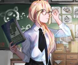 Rule 34 | 1girl, black necktie, blonde hair, book, chainsaw man, chalkboard, collared shirt, commentary, denji (chainsaw man), donald trump, english commentary, unworn eyewear, glasses, hair between eyes, hayakawa aki, highres, holding, holding book, holding removed eyewear, long hair, looking at viewer, makima (chainsaw man), necktie, photo-referenced, piro (piropoi), ponytail, power (chainsaw man), round eyewear, shirt, shirt partially tucked in, solo, undone necktie, white shirt