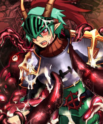 Rule 34 | 1boy, alternate color, armor, blush, breastplate, cape, commentary request, cowboy shot, cross, emon-yu, green armor, green hair, horns, leg armor, looking down, lord knight (ragnarok online), open mouth, pauldrons, plume, pointy ears, ragnarok online, red cape, red eyes, short hair, shoulder armor, slime (substance), solo, teeth, tentacles, tentacles on male, upper teeth only, visor (armor)