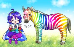Rule 34 | 1girl, ahoge, blue hair, blush, bow, buttons, cape, cloud, collar, double v, closed eyes, footwear bow, hairband, multicolored clothes, multicolored hairband, open mouth, patchwork clothes, pink bow, pote (ptkan), purple footwear, rainbow gradient, rainbow order, red button, short hair, sky, sky print, standing, standing on one leg, tenkyuu chimata, touhou, two-sided cape, two-sided fabric, v, white cape, zebra