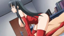 Rule 34 | 10s, 1boy, 1girl, animated, animated gif, black hair, bloods inraku no ketsuzoku 2, blue eyes, boots, bouncing breasts, breasts, clothed sex, corset, elbow gloves, garter straps, girl on top, gloves, hetero, large breasts, long hair, lowres, sagimiya kaguya, sex, thigh boots, thighhighs, vaginal