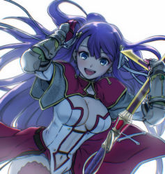 Rule 34 | 1girl, aoba (smartbeat), backlighting, belt, blue eyes, breasts, capelet, center opening, cleavage, fate/grand order, fate (series), gauntlets, hair ribbon, large breasts, long hair, looking at viewer, martha (fate), navel, open mouth, pelvic curtain, purple hair, ribbon, smile, solo, staff, thighhighs, thighs, white capelet