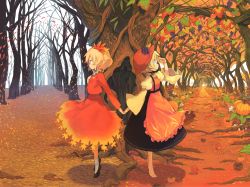 Rule 34 | 2girls, aki minoriko, aki shizuha, apple, apron, apron lift, arm behind back, autumn, autumn leaves, back-to-back, barefoot, black footwear, black skirt, blonde hair, blouse, clothes lift, day, falling leaves, food, food-themed hair ornament, forest, from side, fruit, grapes, hair ornament, hat, highres, holding hands, interlocked fingers, leaf, leaf hair ornament, leaf on head, long sleeves, mob cap, morino hon, multiple girls, nature, object on head, orange shirt, orange skirt, outdoors, persimmon, plant roots, pumpkin, red shirt, shading eyes, shirt, shoes, short hair, siblings, sisters, skirt, socks, standing, suspender skirt, suspenders, tiptoes, touhou, tree, tree hollow, white legwear, wide sleeves, yellow shirt