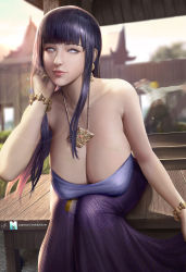 Rule 34 | 1girl, bare shoulders, bracelet, breasts, cleavage, closed eyes, closed mouth, earrings, hand on own cheek, hand on own face, highres, hime cut, huge breasts, hyuuga hinata, jewelry, lens flare, long hair, moi&#039;dukdum, naruto, naruto (series), necklace, outdoors, purple eyes, purple hair, purple skirt, sitting, skirt, strapless, tube top, wooden floor