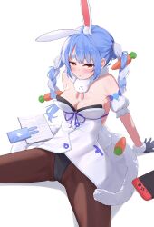 Rule 34 | 1girl, absurdres, alternate breast size, animal ear fluff, animal ears, arm support, bare shoulders, black gloves, black leotard, black pantyhose, blue hair, blush, braid, breasts, carrot hair ornament, cellphone, cleavage, coat, coat dress, detached sleeves, don-chan (usada pekora), dress, food-themed hair ornament, fur-trimmed coat, fur-trimmed gloves, fur scarf, fur trim, gloves, hair ornament, highres, hikimayu, hololive, large breasts, leotard, leotard under clothes, long hair, multicolored hair, nintendo switch, orange eyes, pantyhose, phone, playboy bunny, puffy detached sleeves, puffy short sleeves, puffy sleeves, rabbit-shaped pupils, rabbit ears, rabbit girl, scarf, short eyebrows, short sleeves, smartphone, smile, spread legs, strapless, strapless coat, strapless dress, strapless leotard, symbol-shaped pupils, thick eyebrows, twin braids, twintails, two-tone hair, usada pekora, usada pekora (1st costume), virtual youtuber, white background, white coat, white hair, white scarf, white sleeves, zetacat