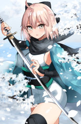 Rule 34 | 1girl, ahoge, asato (fadeless), black bow, blonde hair, blush, bow, breasts, fate/grand order, fate (series), grey eyes, hair bow, highres, holding, holding sword, holding weapon, katana, large breasts, looking at viewer, okita souji (fate), okita souji (koha-ace), parted lips, short hair, side slit, sideboob, solo, sword, thick thighs, thighs, weapon