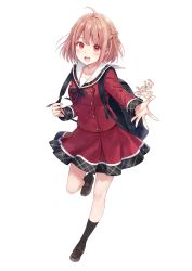 Rule 34 | 1girl, :d, ahoge, backpack, bag, black ribbon, black socks, blush, braid, breasts, brown footwear, brown hair, buttons, collared shirt, commentary request, double-breasted, french braid, fukahire (ruinon), full body, highres, charm (object), leg up, loafers, long sleeves, looking at viewer, miniskirt, neck ribbon, open mouth, original, randoseru, red eyes, red shirt, red skirt, ribbon, sailor collar, shirt, shoes, short hair, sidelocks, simple background, skirt, small breasts, smile, socks, solo, standing, standing on one leg, virtual youtuber, white background, white sailor collar, wing collar