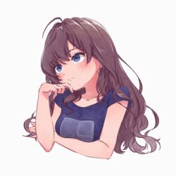 Rule 34 | 1girl, ahoge, arm under breasts, blue eyes, blush, breasts, brown hair, closed mouth, collarbone, commentary request, curly hair, earrings, hand on own chin, ichinose shiki, idolmaster, idolmaster cinderella girls, idolmaster cinderella girls starlight stage, jewelry, light smile, long hair, looking afar, medium breasts, rakkopower, shirt, simple background, solo, t-shirt, upper body, white background