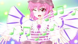Rule 34 | 1girl, armband, bird wings, brooch, dress, gradient background, hat, jewelry, light particles, light trail, long sleeves, looking at viewer, miyakazu, musical note, mystia lorelei, one eye closed, open hand, open mouth, outstretched arms, pink eyes, pink hair, short hair, solo, spread arms, touhou, wings, wink