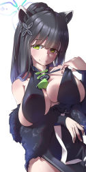 Rule 34 | 1girl, animal ear fluff, animal ears, black dress, black hair, blue archive, breasts, china dress, chinese clothes, cleavage, clothes pull, dress, dress pull, green eyes, highres, keyfanjun, large breasts, long hair, ponytail, pulling own clothes, shun (blue archive), smile, solo, tiger ears, tiger girl, upper body
