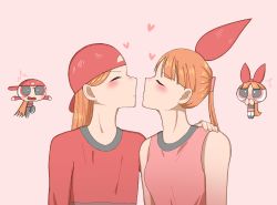 Rule 34 | 1boy, 1girl, about to kiss, blossom (ppg), blush, bow, brick (ppg), closed mouth, covered mouth, closed eyes, floating, hair bow, hand on another&#039;s shoulder, hat, heart, hetero, leaning forward, long hair, long sleeves, pink eyes, powerpuff girls, puckered lips, red eyes, red hair, tilted head