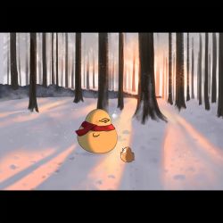 Rule 34 | absurdres, animal, animal focus, bird, breath, chick, commentary request, eurasian tree sparrow, fantasy, foodieg, footprints, forest, highres, letterboxed, nature, no humans, original, scarf, scenery, shadow, snow, sparrow, sunset, tree, winter