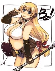 Rule 34 | 1girl, :p, blonde hair, blue eyes, breasts, cleavage, horns, large breasts, long hair, mil (xration), plump, ragnarok online, solo, tongue, tongue out, very long hair, whitesmith (ragnarok online)