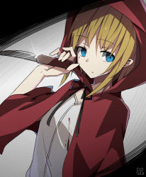 Rule 34 | 1girl, absurdres, artist name, black ribbon, black souls, blonde hair, blood, blood on clothes, blood on face, bloody knife, blue eyes, cape, chinese commentary, closed mouth, glint, hand up, highres, holding, holding knife, hood, hood up, hooded cape, knife, pupa jiang, red cape, red hood (black souls), ribbon, short hair, solo