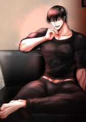 Rule 34 | 1boy, absurdres, artist request, barefoot, black hair, bulge, couch, fushiguro touji, green eyes, highres, jujutsu kaisen, looking at viewer, male focus, mature male, midriff peek, muscular, muscular male, on couch, open mouth, pants, pectorals, scar, scar on face, scar on mouth, seductive smile, shirt, short hair, single barefoot, smile, solo, tight clothes, tight shirt