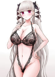 Rule 34 | 1girl, azur lane, bra, breasts, cleavage, covered erect nipples, formidable (azur lane), grey hair, hair ribbon, huge breasts, lace, lace-trimmed bra, lace trim, lingerie, long hair, purple eyes, ribbon, sai-go, simple background, solo, twintails, underwear, very long hair, white background