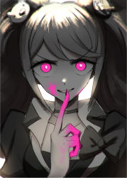 Rule 34 | 1girl, bear hair ornament, blood, blood on face, blood on hands, bow, bra, choker, collarbone, collared shirt, commentary, danganronpa: trigger happy havoc, danganronpa (series), enoshima junko, finger to mouth, glowing, grin, hair ornament, highres, index finger raised, long hair, looking at viewer, nail polish, pink blood, pink eyes, qosic, shirt, shushing, smile, solo, spot color, straight-on, twintails, underwear