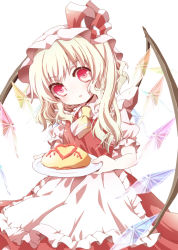 Rule 34 | 1girl, apron, ascot, bad id, bad pixiv id, blonde hair, blush, female focus, flandre scarlet, food, hat, hat ribbon, head tilt, heart, highres, kuromame (8gou), looking at viewer, omelet, omurice, red eyes, ribbon, side ponytail, simple background, solo, touhou, waist apron, white background, wings