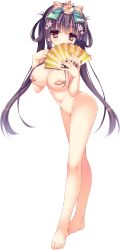 Rule 34 | 1girl, bandaid, bandaid on pussy, bandaids on nipples, barefoot, black hair, blush, breasts, brown eyes, covering own mouth, flower, full body, hair flower, hair ornament, hand fan, highres, holding, holding fan, large breasts, long hair, love love princess, navel, official art, pasties, solo, transparent background, tsukimori mio erland, twintails, wori