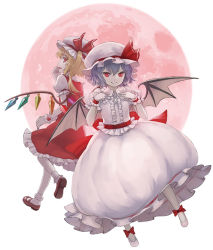 Rule 34 | 2girls, back-to-back, bat wings, blonde hair, blue hair, bow, brown footwear, bubble skirt, dress, flandre scarlet, footwear bow, full body, full moon, hat, hat ribbon, mary janes, masakichi, mob cap, moon, multiple girls, official art, pink shirt, pink skirt, puffy short sleeves, puffy sleeves, red bow, red eyes, red moon, red ribbon, red skirt, remilia scarlet, ribbon, shirt, shoes, short sleeves, siblings, side ponytail, simple background, sisters, skirt, smile, strange creators of outer world, touhou, white background, white hat, wings, wrist cuffs