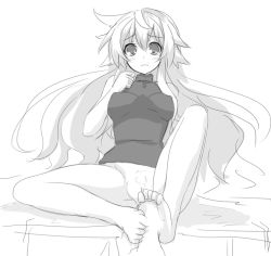 Rule 34 | 1girl, bad id, bad pixiv id, bare shoulders, barefoot, blush, bottomless, breasts, covered erect nipples, feet, footjob, greyscale, long hair, looking at viewer, monochrome, original, penis, pov, pussy, sitting, spread legs, very long hair, yu-ves