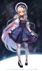 Rule 34 | 1girl, ahoge, anniversary, aquarius (constellation), artist name, blonde hair, blue bow, blue dress, blue eyes, blue footwear, blue ribbon, bonnet, bow, braid, breasts, cancer (constellation), capricorn (constellation), chin strap, constellation print, criss-cross halter, dress, full body, gemini (constellation), hair between eyes, hair bow, halterneck, high heels, highres, ia (vocaloid), jewelry, lace, lace-trimmed skirt, lace trim, legs apart, leo (constellation), libra (constellation), long hair, looking at viewer, night, night sky, parted lips, pigeon-toed, pisces (constellation), puffy short sleeves, puffy sleeves, ribbon, ring, ryuu32, sagittarius (constellation), scorpius (constellation), shoes, shooting star, short dress, short sleeves, skirt, sky, small breasts, solo, star (sky), starry sky, striped clothes, striped thighhighs, thigh strap, thighhighs, twin braids, vertical-striped clothes, vertical-striped thighhighs, very long hair, virgo (constellation), vocaloid, white thighhighs, wrist cuffs, zodiac