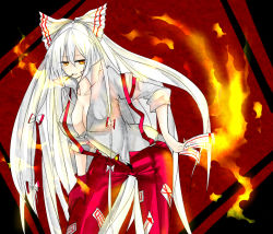 Rule 34 | 1girl, bad id, bad pixiv id, bent over, bow, breasts, cleavage, dress shirt, female focus, fiery background, fire, fujiwara no mokou, gloves, hair bow, hand on thigh, large breasts, long hair, no bra, ofuda, open fly, pants, popped collar, shirt, single glove, sleeves rolled up, sm0911, smoking, solo, straight hair, suspenders, touhou, unzipped, very long hair, white hair, yellow eyes