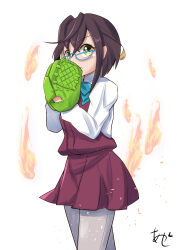 Rule 34 | 1girl, akashieru, aqua bow, aqua bowtie, baseball glove, black hair, blue-framed eyewear, bow, bowtie, collared shirt, commentary request, cowboy shot, dress, dress shirt, glasses, green eyes, grey pantyhose, halter dress, halterneck, highres, kantai collection, looking at viewer, multicolored hair, okinami (kancolle), one-hour drawing challenge, pantyhose, pink hair, pitching, purple dress, school uniform, seamed legwear, shirt, short hair, side-seamed legwear, simple background, solo, white background, white shirt