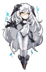 Rule 34 | 1girl, absurdres, black gloves, blush, bodysuit, breasts, commentary request, covered navel, eyeliner, full body, girls&#039; frontline, gloves, godgamesc2, grey bodysuit, grey hair, hair between eyes, headgear, highres, long hair, long sleeves, looking at viewer, makeup, medium breasts, outstretched arm, parted lips, red eyeliner, simple background, skin tight, standing, tareus (girls&#039; frontline), white background, yellow eyes
