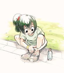 Rule 34 | 10s, 1girl, asui tsuyu, black eyes, boku no hero academia, bottle, casual, frog girl, full body, grass, green hair, highres, long hair, outdoors, pavement, ponytail, shirt, shoelaces, shoes, short sleeves, sitting, solo, t-shirt, tongue, tongue out, water bottle