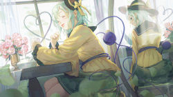 Rule 34 | 1girl, absurdres, aqua eyes, aqua hair, black hat, blouse, bow, closed eyes, commentary, congming lan, cup, curtains, different reflection, dual persona, eyeball, flower, frilled sleeves, frills, full-length mirror, green skirt, hat, hat bow, hat ribbon, heart, heart of string, highres, holding, holding cup, indoors, knife, koishi day, komeiji koishi, laughing, light blush, light green hair, long sleeves, looking back, mini hat, mirror, open mouth, pink flower, pink rose, reflection, ribbon, rose, sailor collar, shirt, short hair, sidelocks, sitting, skirt, smile, solo, sparkle, swept bangs, table, teapot, third eye, touhou, vase, wide sleeves, window, yellow bow, yellow ribbon, yellow shirt
