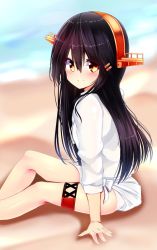 Rule 34 | 10s, 1girl, aged down, arms at sides, bare legs, beach, bikini, bikini under clothes, black hair, blush, bow, child, closed mouth, day, eyebrows, from side, hair between eyes, hair ornament, hairband, hairclip, haruna (kancolle), headgear, highres, kantai collection, long hair, long sleeves, no socks, ocean, outdoors, red eyes, sand, shirt, shore, sitting, smile, solo, swimsuit, thigh strap, tsukui kachou, very long hair, water, white bikini, white bow, white shirt
