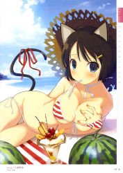 Rule 34 | 1girl, absurdres, animal ears, beach, bikini, blue eyes, blush, breasts, brown hair, cat ears, cat tail, covered erect nipples, day, drinking straw, food, front-tie top, fruit, grabbing, grabbing another&#039;s breast, grabbing own breast, hat, highres, large breasts, lying, messy, mouth hold, on side, original, outdoors, parfait, ribbon, scan, sexually suggestive, short hair, side-tie bikini bottom, solo, straw hat, string bikini, striped bikini, striped clothes, swimsuit, tail, tail ornament, tail ribbon, watermelon, yaegashi nan