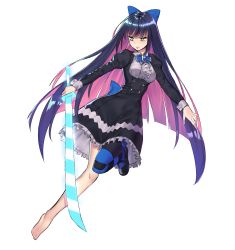 Rule 34 | 1girl, aqua eyes, black footwear, blue thighhighs, bow, buttons, colored inner hair, dress, frilled dress, frills, full body, gothic lolita, hair bow, highres, honkai (series), honkai impact 3rd, kam-ja, lips, lolita fashion, long hair, long sleeves, makeup, mary janes, mascara, multicolored hair, panty &amp; stocking with garterbelt, pink hair, puffy sleeves, purple hair, shoes, single thighhigh, solo, stocking (psg), striped clothes, striped thighhighs, sword, thighhighs, two-tone hair, very long hair, weapon, wrist cuffs