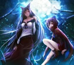Rule 34 | 2girls, animal ears, bamboo, bamboo forest, bow, breasts, brooch, brown hair, cape, cleavage, covered mouth, dress, forest, full moon, hair bow, high collar, imaizumi kagerou, jewelry, large breasts, long hair, long skirt, long sleeves, machin, miniskirt, moon, multiple girls, nature, red eyes, red hair, sekibanki, short hair, skirt, touhou, very long hair, wide sleeves, wolf ears