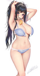 Rule 34 | 1girl, armpits, arms up, bare hips, bare legs, bare shoulders, black hair, bra, breasts, cleavage, curvy, hands in hair, large breasts, lingerie, long hair, looking at viewer, masami chie, navel, open bra, original, ponytail, purple eyes, shiny skin, simple background, smile, solo, tying hair, underboob, underwear, undone bra, white background