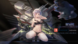Rule 34 | 1girl, ahoge, azur lane, black bra, black panties, blurry, blurry background, blush, boots, bra, breasts, brown eyes, cannon, character name, cleavage, closed mouth, commentary, depth of field, english commentary, eyebrows hidden by hair, full body, gloves, glowing, grey footwear, hair ornament, hood, hood down, janyhero, large breasts, long sleeves, machinery, navel, panties, seattle (azur lane), short hair, silver hair, smile, solo, spread legs, squatting, thighhighs, translation request, turret, underwear, underwear only, v-shaped eyebrows, watermark, web address, white gloves, white thighhighs