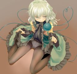 Rule 34 | 1girl, black pantyhose, blush, clothes lift, embellished costume, eyeball, frilled shirt collar, frilled skirt, frills, from above, full body, green skirt, grey eyes, heart, heart of string, highres, ishikkoro, juliet sleeves, komeiji koishi, lifted by self, long sleeves, looking away, mouth hold, no headwear, no headwear, panties, panties under pantyhose, pantyhose, puffy sleeves, shirt, silver hair, sitting, skirt, skirt lift, solo, third eye, touhou, underwear, wariza, white panties, yellow shirt